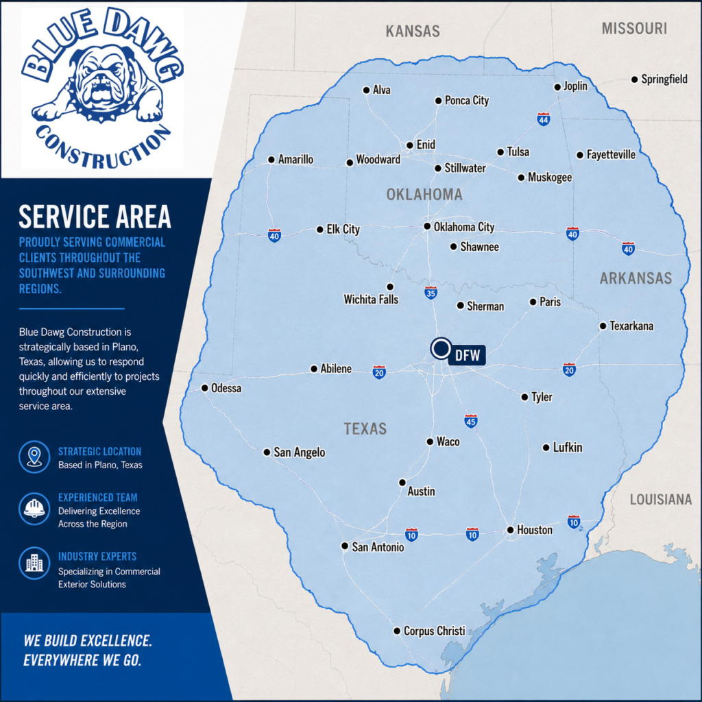 Blue Dawg Construction commercial siding and rainscreen system service area map for Texas and Oklahoma